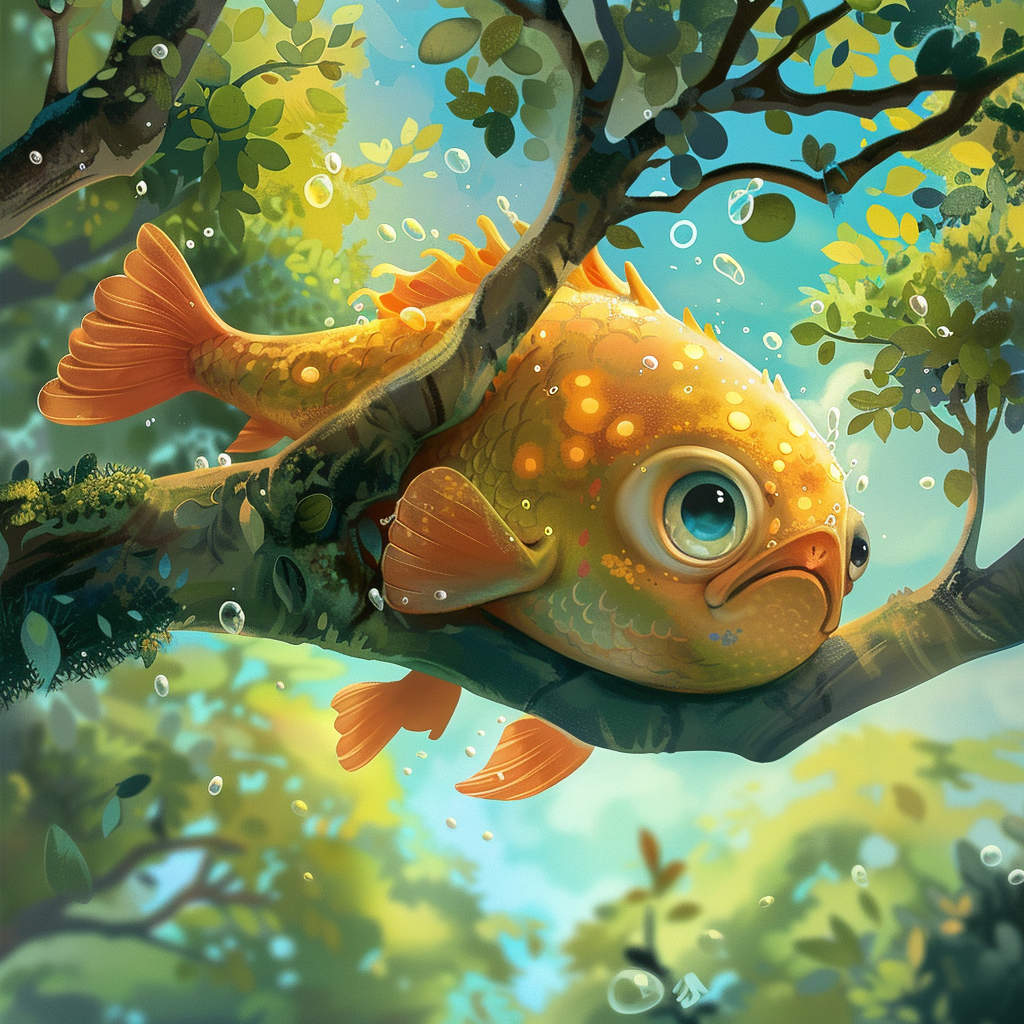 a cute big fish climbing a tree and sweating